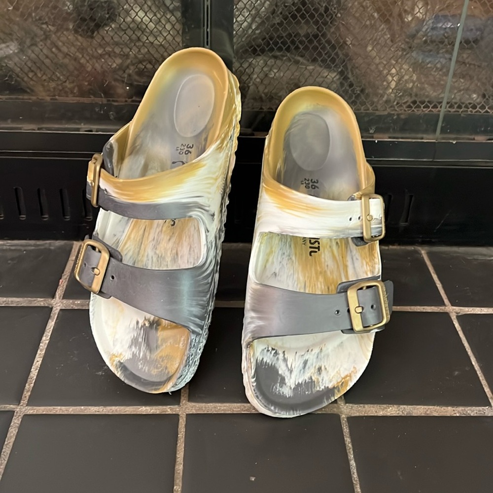 Birkenstocks, gently used, size 36, gold, grey, white